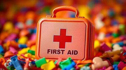 A vibrant first aid kit, emblazoned with a stark white cross emblem against an orange backdrop, stood poised as a beacon of readiness amidst a sea of vibrant colors, ready to lend a helping hand in