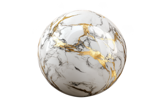 Marble sphere with gold veins design on white background on transparent background