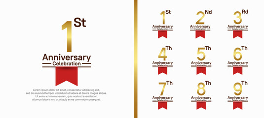 Fototapeta premium set of anniversary logo style with red ribbon. vector design gold color for celebration