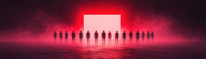 A group of silhouettes standing before a glowing rectangular light in a foggy landscape.