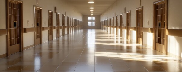 A long corridor with sunlight illuminating the prison cell doors, creating dramatic shadows.