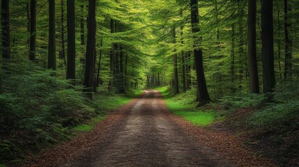 Obraz premium Serene Forest Path: Lush Green Canopy, Winding Dirt Road, Tranquil Nature Escape in European Woods