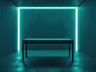 A minimalist room featuring a sleek table illuminated by neon lights.