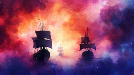 A mesmerizing view of ships sailing through colorful cosmic clouds at dusk.