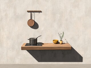 A minimalistic kitchen setup featuring modern cookware and decor elements.