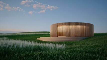 A modern circular wooden structure surrounded by lush green fields under a clear blue sky.