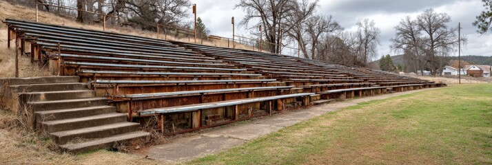 Close-up of rusted metal bleachers from an abandoned high school football stadium.