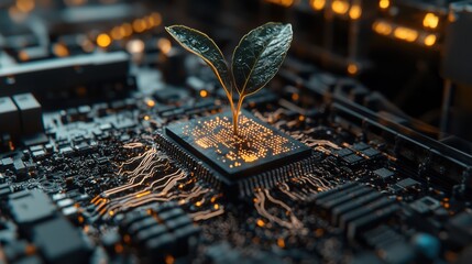 A plant sprouting from a computer chip, symbolizing innovation and sustainability.