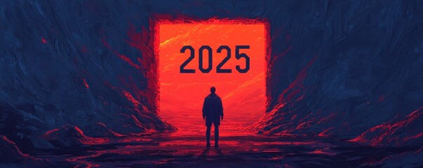 A person stands at a glowing portal symbolizing the year 2025, embodying futuristic visions.