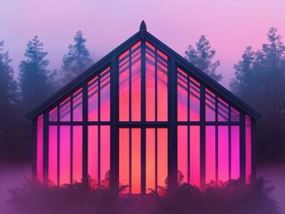 A serene greenhouse illuminated by vibrant colors in a misty forest setting.