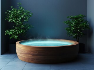 A serene wooden hot tub surrounded by greenery, providing relaxation and tranquility.