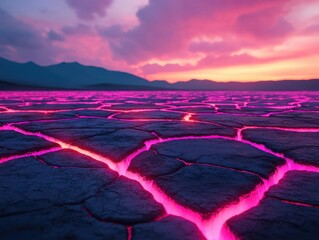 A stunning landscape showcasing vibrant pink lava cracks under a twilight sky.