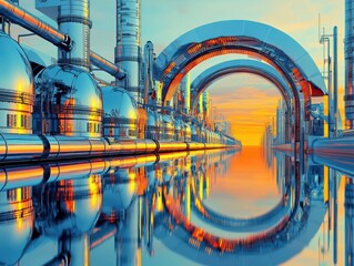 A stunning industrial landscape reflects vibrant colors at sunset in a modern facility.