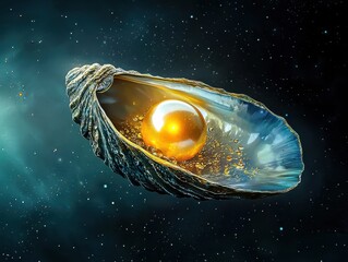 A stunning pearl glimmers within a cosmic oyster shell, glowing against a starry backdrop.