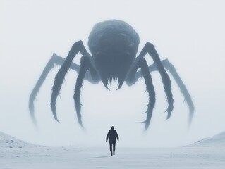 A surreal scene depicting a person facing a giant spider in a foggy landscape.