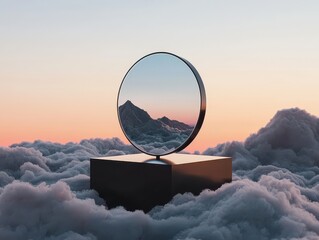 A surreal reflection of mountains in a mirror above soft clouds at sunset.