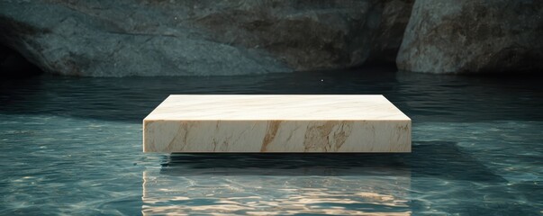 A tranquil scene showcasing a pristine stone slab floating on still water.