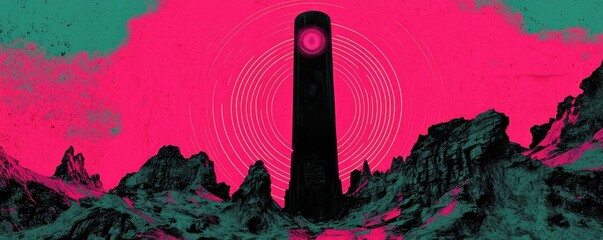A vibrant, surreal tower amidst dramatic landscapes and colorful skies.