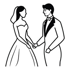 Elegant black and white illustration of a bride and groom