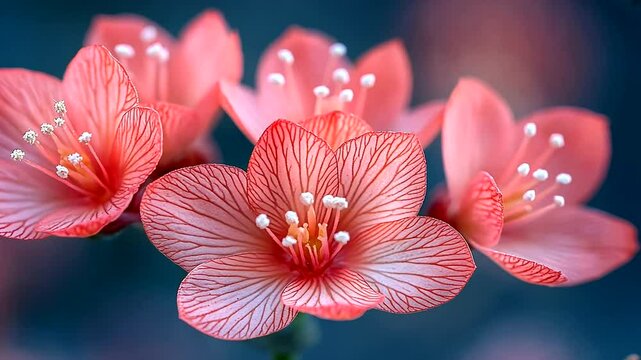 Elegant close-up of delicate coral flowers with intricate venation against a deep blue background