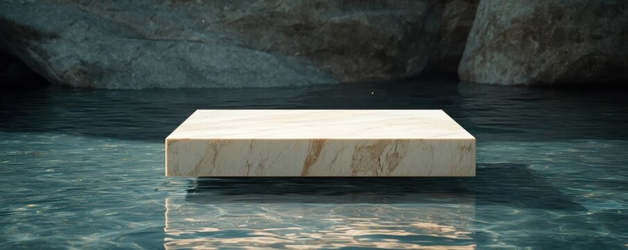 A tranquil scene showcasing a pristine stone slab floating on still water.