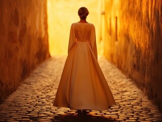 Naklejka premium A woman in a flowing dress walks through a sunlit cobblestone alley.