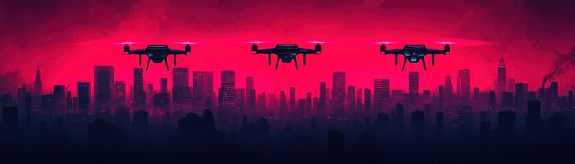 Futuristic skyline with drones flying in a vibrant pink sunset backdrop.