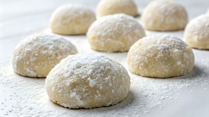 Close up of Polvorones cookies covered in powdered sugar on white surface