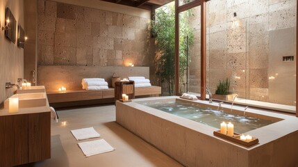 Luxurious spa interior with serene lighting and calming design elements for relaxation.