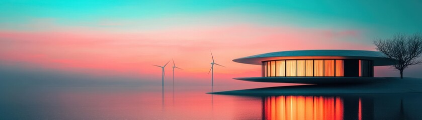 Modern architectural structure beside a tranquil lake under a colorful sunset.