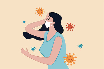 Mental wellness in Coronavirus COVID-19 pandemic, loneliness quarantine causing anxiety and emotional stressed concept, depressed struggle woman wearing protective face mask with Coronavirus pathogen.