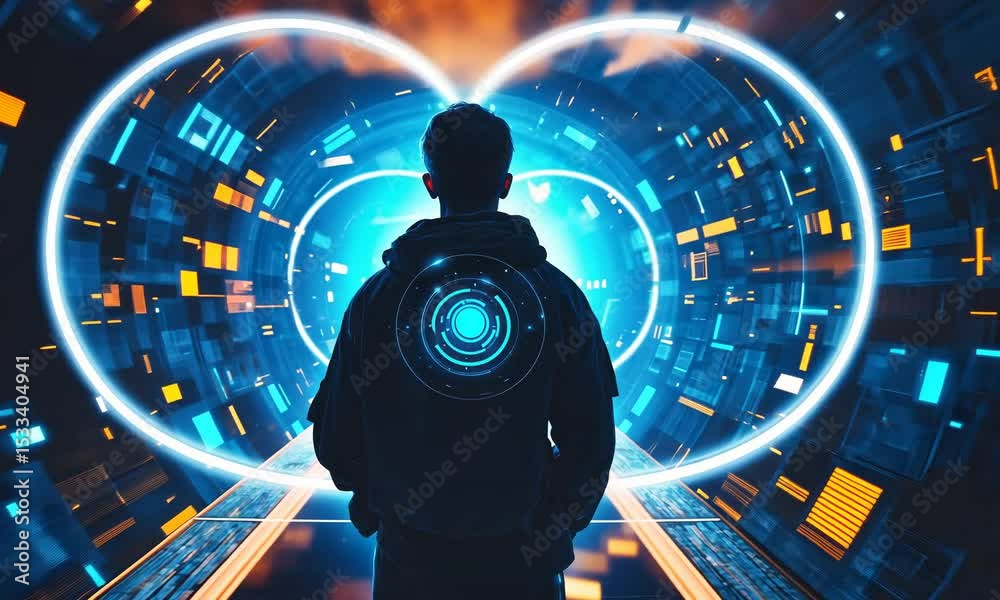 Poster a futuristic figure stands in a glowing tunnel. abstract digital pathways surround the figure