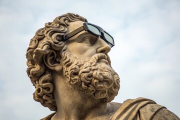 A classical stone statue of a bearded man wearing modern black sunglasses against a cloudy sky background.