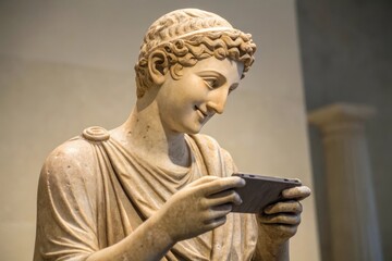 A classical marble statue depicting a smiling young man holding and looking at a modern smartphone.