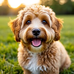 Adorable fluffy puppy sitting on green grass enjoying warm afternoon sunlight.