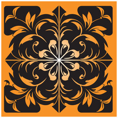 Fototapeta premium Elegant symmetrical floral design in black and gold against a warm orange background.