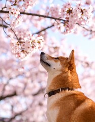 桜の下を見上げる柴犬
