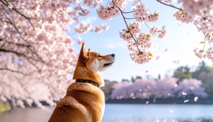 桜の下を見上げる柴犬