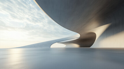 3d render of abstract modern curve architecture with empty cement floor, minimal exterior, car presentation background
