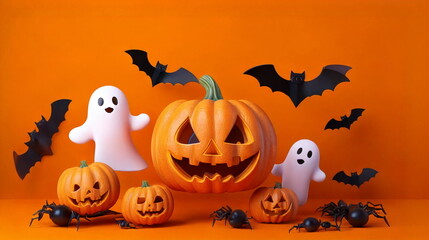 Cute 3D Jack-o'-Lantern Pumpkins, Flying Ghosts and Bats for Halloween Celebration