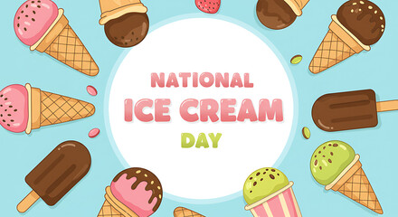 Colorful illustration celebrating National Ice Cream Day, featuring various ice cream treats.