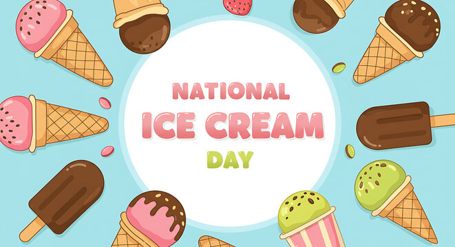 Colorful illustration celebrating National Ice Cream Day, featuring various ice cream treats.