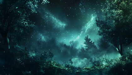 Fototapeta premium Mystical night forest scene under a starry sky.