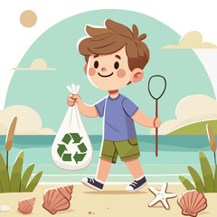 Boy Volunteering Picking Up Trash on Sandy Beach with Recycling Symbol Illustration