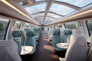 Modern Train Interior with Spacious Seating and Panoramic Windows