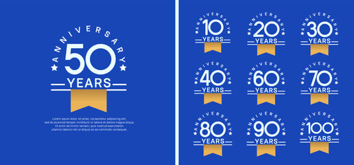 set of anniversary logo style with gold ribbon. vector design white color for celebration