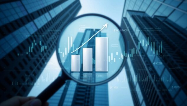 Business analysis and financial analysis. Corporate data and marketing statistics. Many graphs and charts on background of tall buildings.
