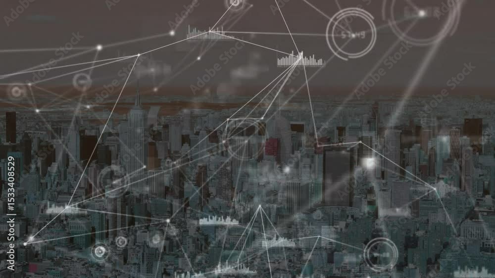Poster Static urban skyline starting digital overlay showing nodes and arcing lines mapping real-time data