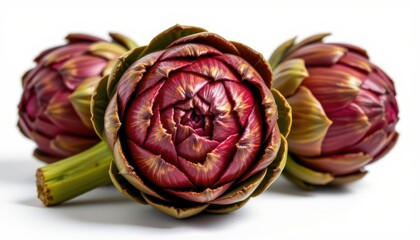 Fototapeta premium a highly detailed, hyper realistic fresh artichoke, isolated at the center of the frame on pure white background, floating display, no shadows, bright professional studio lighting, high key lighting