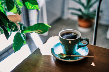 朝の日差しとテーブルの上のコーヒーカップ